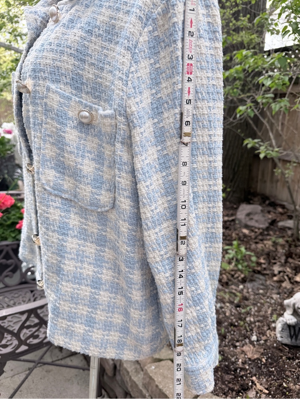 Classic Tweed Women's Jacket in Light Blue and Cream - Picture 12 of 13